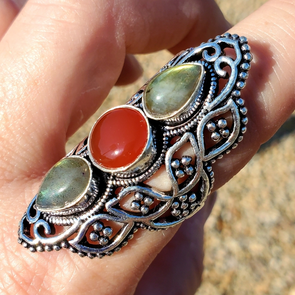 New Amazing Labradorite & Carnelian 925 Silver Ring. - Picture 9 of 12